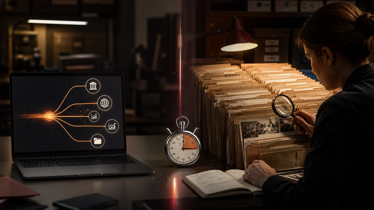 Side by side comparison of automated route generation and manual archive search