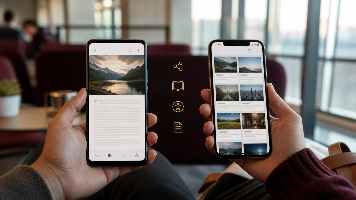 Mobile devices showing reader mode, library apps and share sheet access routes